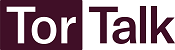Logotyp av TorTalk med Tor i vit font mot vinröd botten och Talk med vinröd botten mot vit bakgrund